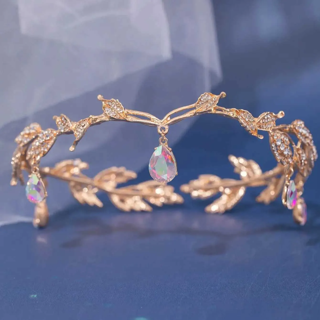 Vintage Leaf Waterdrop Tiara - Crystal Rhinestone Wedding 