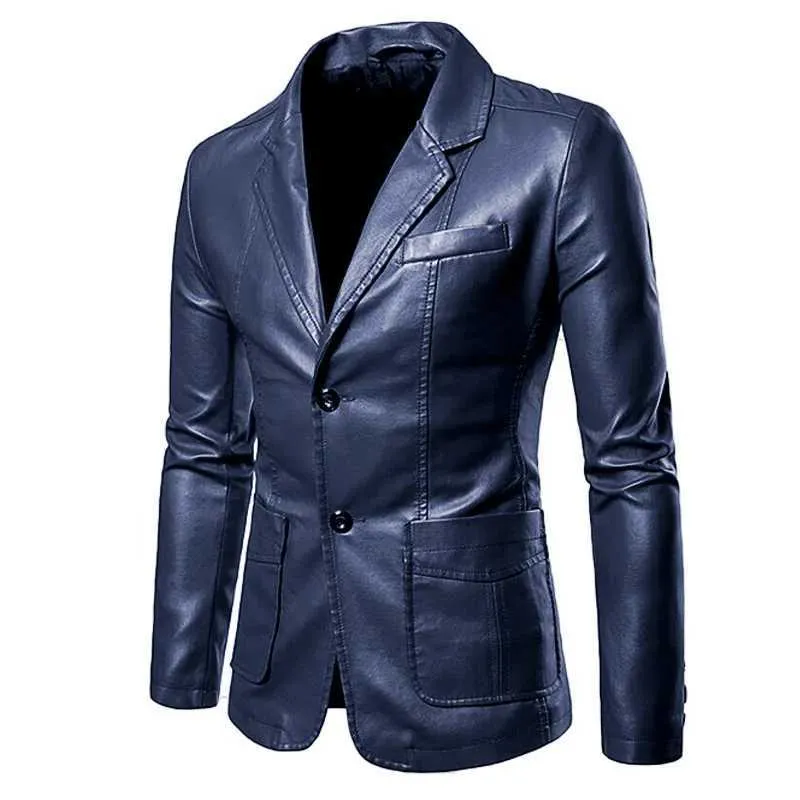 Mens Faux Leather Jackets Turn Down Collar Jacket, Long Sleeve