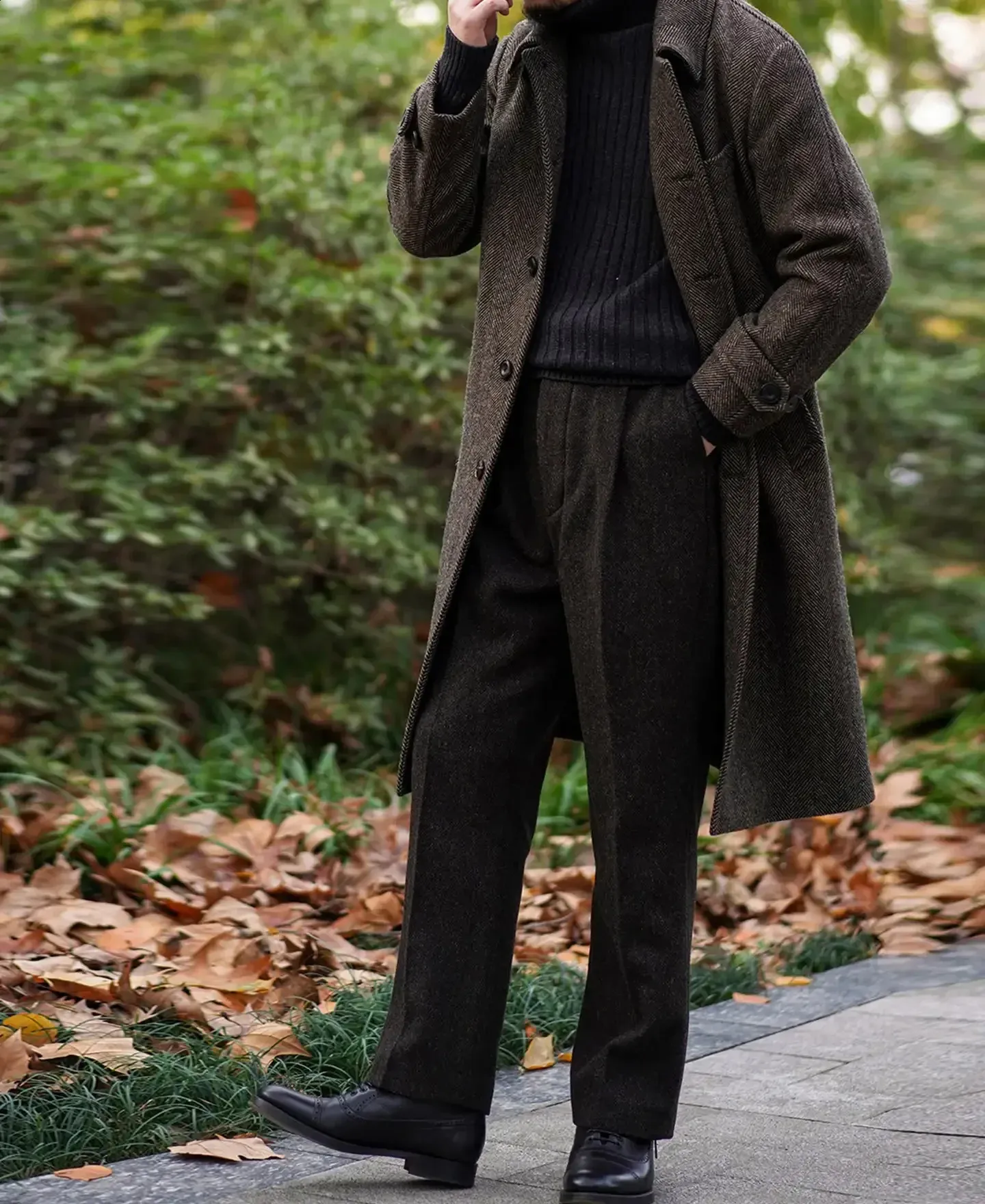 Mens Herringbone Tweed Balmacaan Coat - Business Casual, Vintage