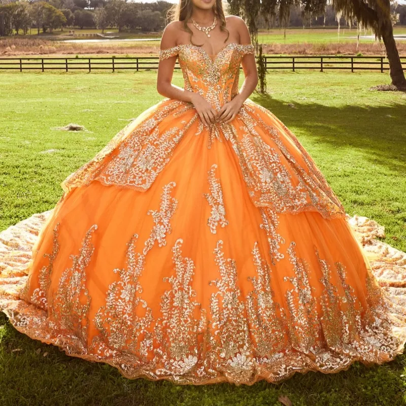 Orange Quinceanera Ball Gown with Sequins, Gold Applique, Lace, Pearls, and  Tulle Mexico Sweet 16 Dress