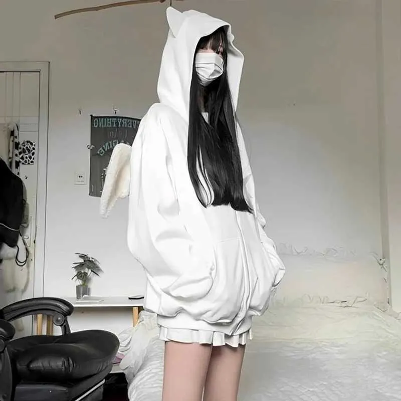 Women's Plush Cat Ear Hoodie with Angel Wings Kawaii Y2K Sweatshirts for  Fall