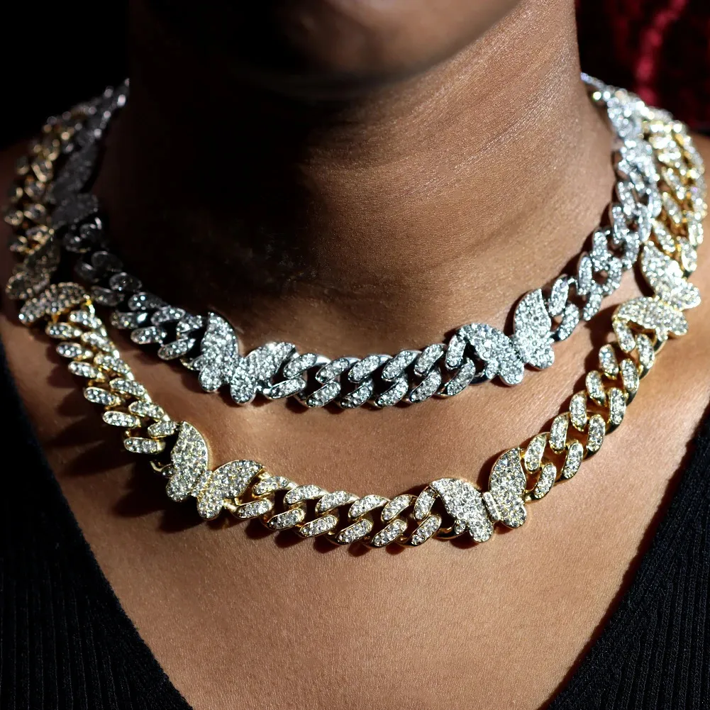 Fashion Bling Butterfly Rhinestone Cuban Link Chain Necklace Women