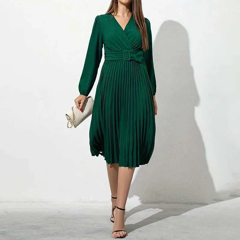 Long Dark Green Dress With Sleeves: Womens V Neck Slim Fit Pleated Knee  Length Dress Elegant Long Sleeved Summer/Autumn Attire From Katcho, $11.08  In Bulk | DHgate.Com