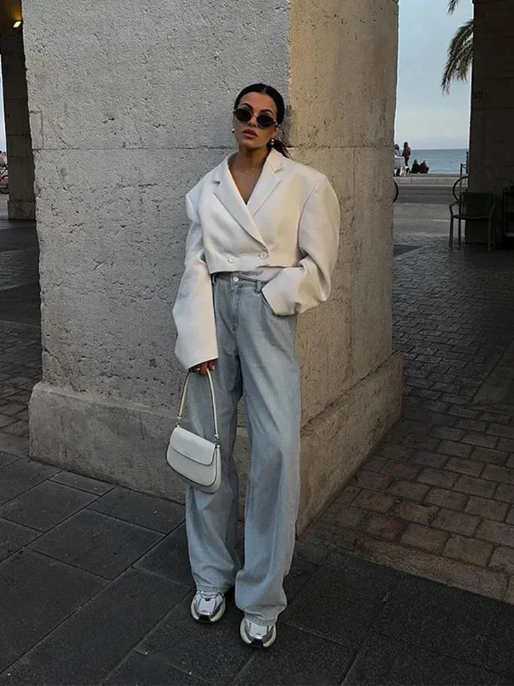 Street Style White Crop Blazer Jacket Women's White Double