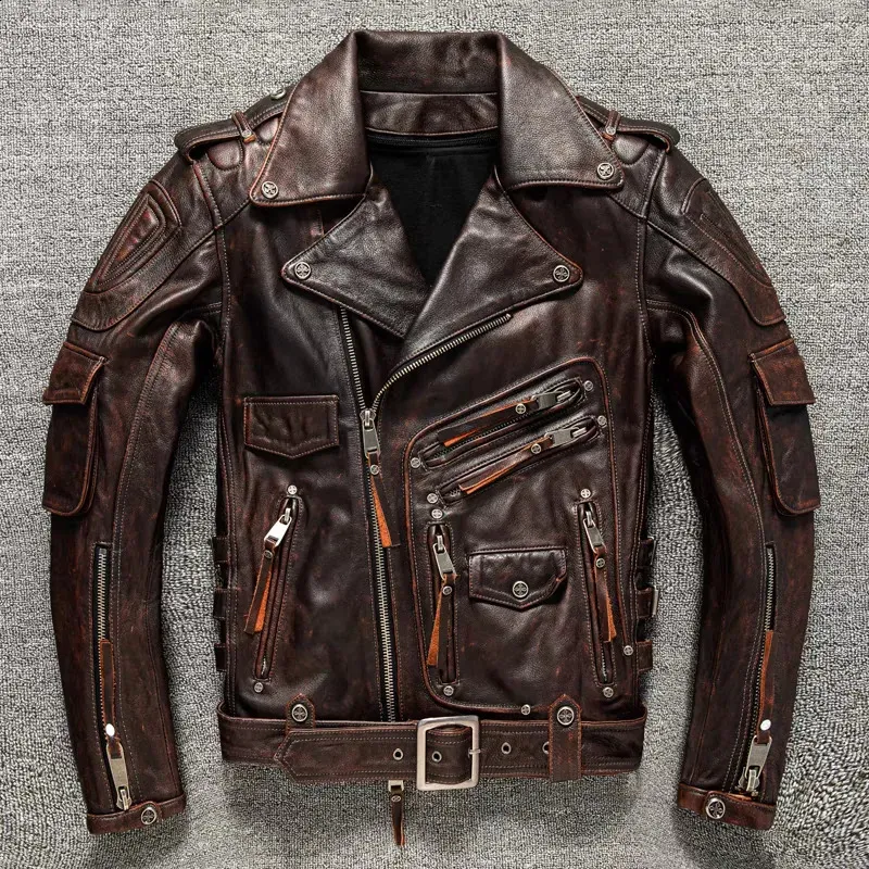 Mens Genuine Leather Motorcycle Jacket - Vintage Retro Moto Style