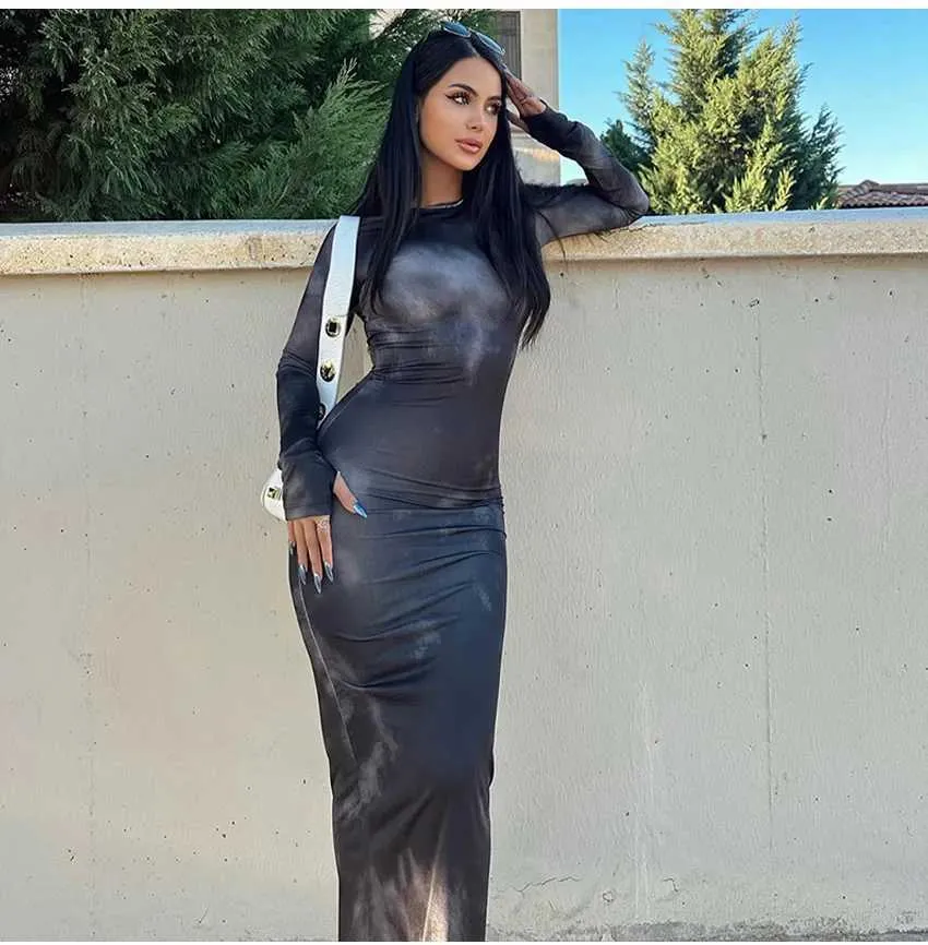 2024 Womens Tie Dye Long Sleeve Maxi Dress, Casual Fall Winter