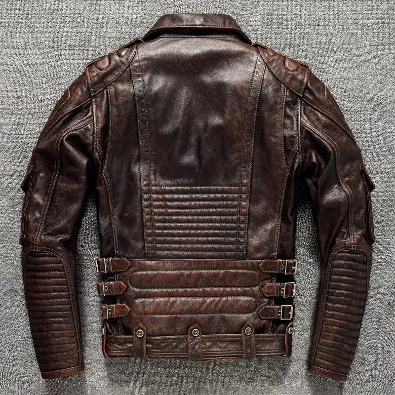 Mens Genuine Leather Motorcycle Jacket - Vintage Retro Moto Style