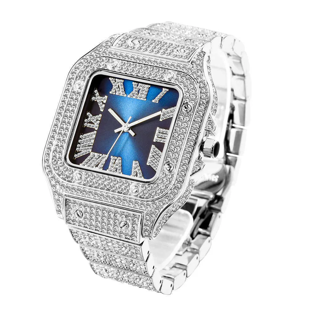 Luxury Hip Hop Blue Square Dial Quartz Watch With Roman Luxury Hip Hop Blue Square Dial Quartz Watch With Roman