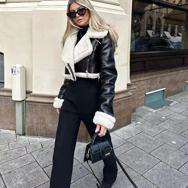 DHgate.com:Womens Black Cropped Leather Bomber Jacket with