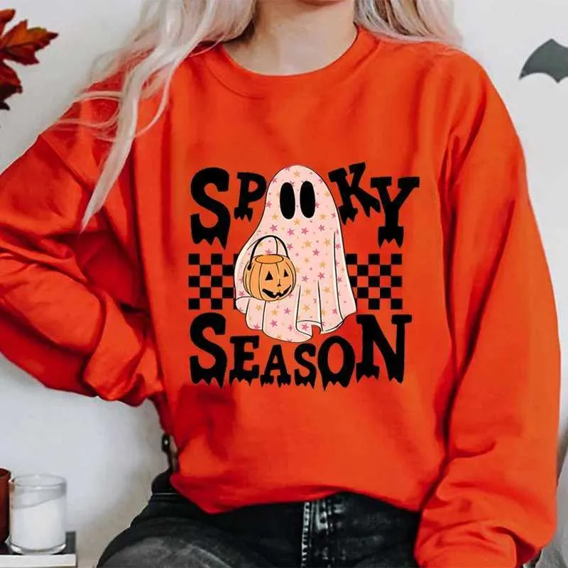 Yihaojia Halloween Sweatshirt - Cobweb & Pumpkin Graphic Crewneck For Women (Oversized Fit)