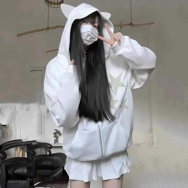 【Cats】慈雨　トップス Vintage Cat Ear Zip-Up Hoodie with Long Sleeves – ArtsKoreanMan