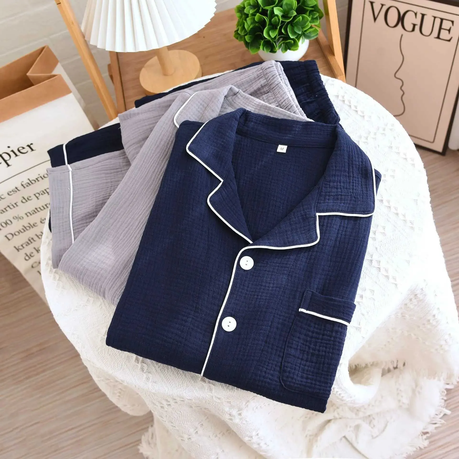 Men's Soft Cotton Double Gauze Pajama Set Long Sleeves, Trousers, White  Edge, Plus Sizes