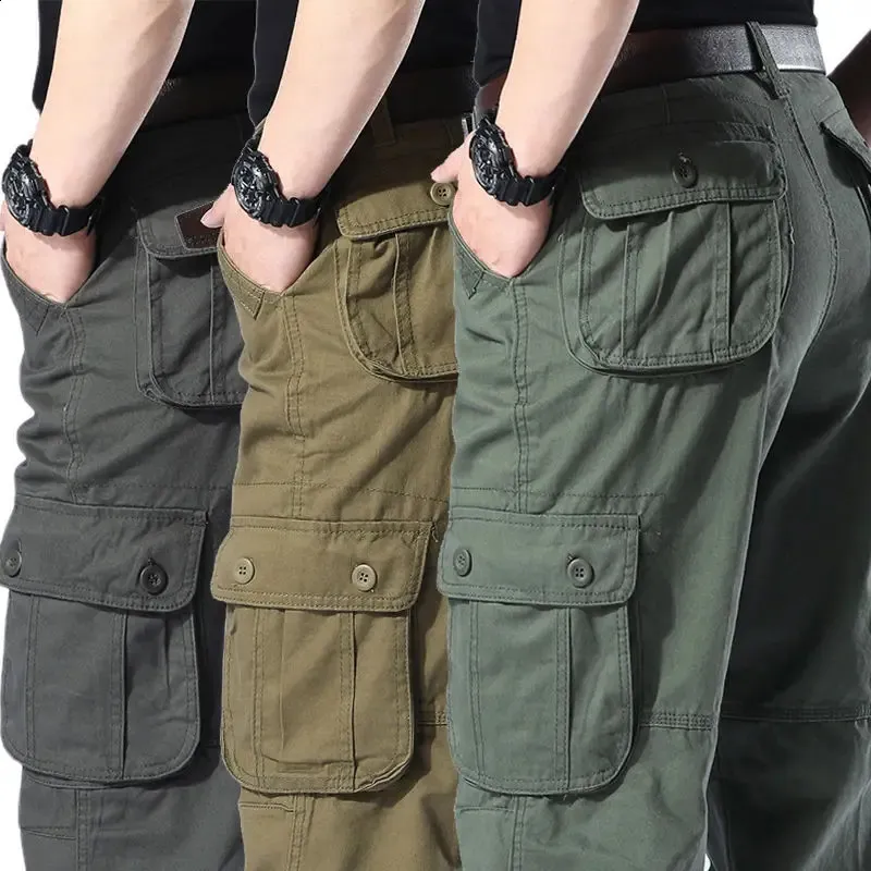 Mens Multi Pocket Cargo Pants Cotton Tactical Work Trousers