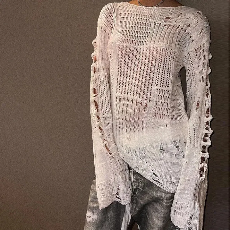White Ripped Sweater Women's White Ripped Hole Grunge Sweater - Casual Loose Knit Jumper ...