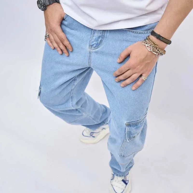 Men's Baggy Cargo Jeans with Big Side Pockets, Retro Washed
