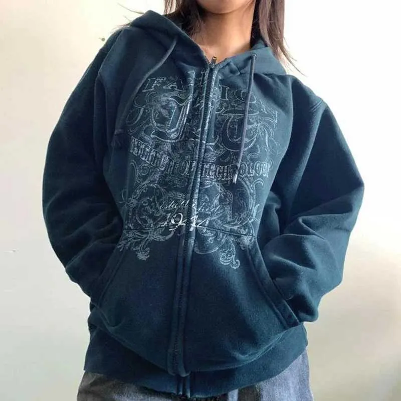 00s Retro Cyber Y2K Sweatshirt Wings Graphic Print Zip Up Hoodie