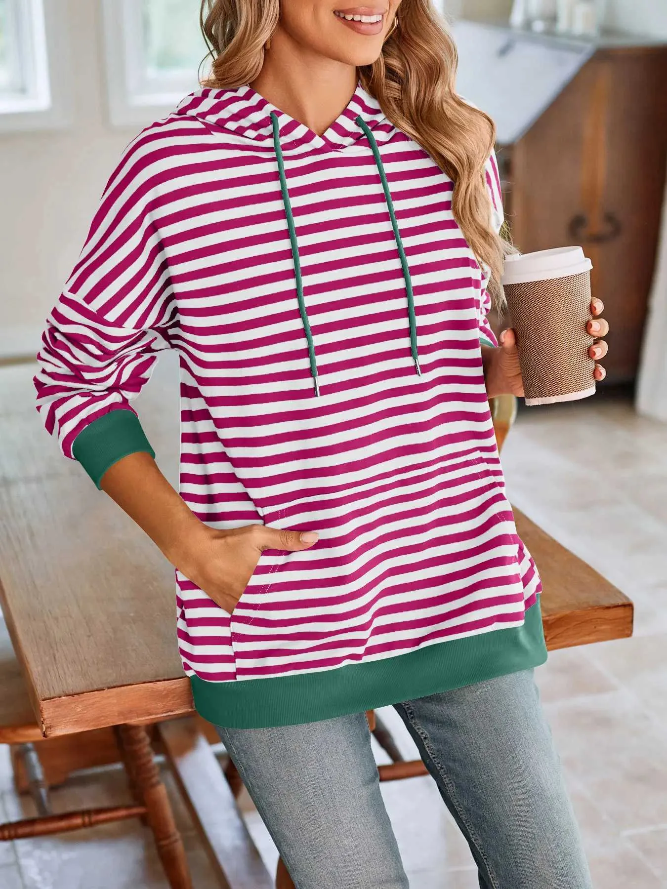 FANGJIN Women's Striped Color Block Hoodie - Long Sleeve Pullover Sweatshirt With Drawstring & Pocket