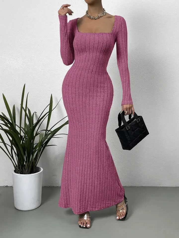 Mature And Sexy New Neckline Low Cut Solid Color Slim Fit Fully Matched  Long Sleeved Dress W240913 From Katcho, $10.88 | DHgate.Com