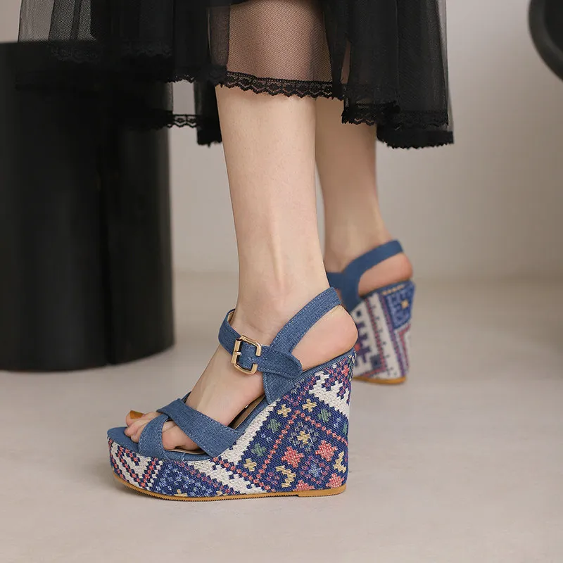 Womens Sandals Summer Denim Wedge Heel Super High Heel Sandals