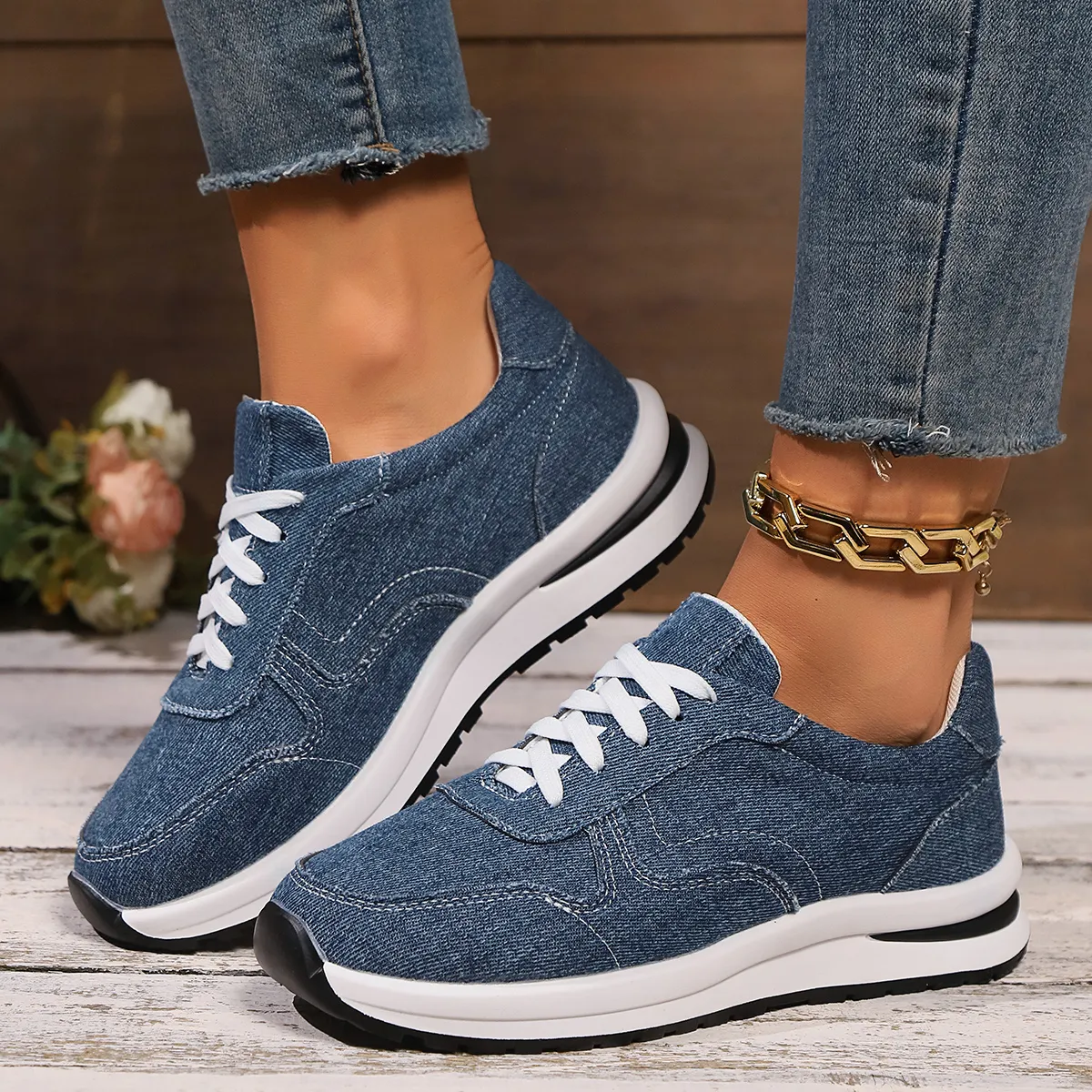 Women's Blue Denim Platform Sneakers Thick Sole Lace-Up Casual Shoes,  Size 43