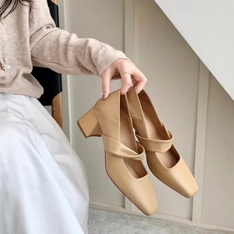 新品 POMUM&ARTS squaretoe maryjane pumps M Women Square Toe Mary Jane Pumps Thick High Heels Slip-On Casual