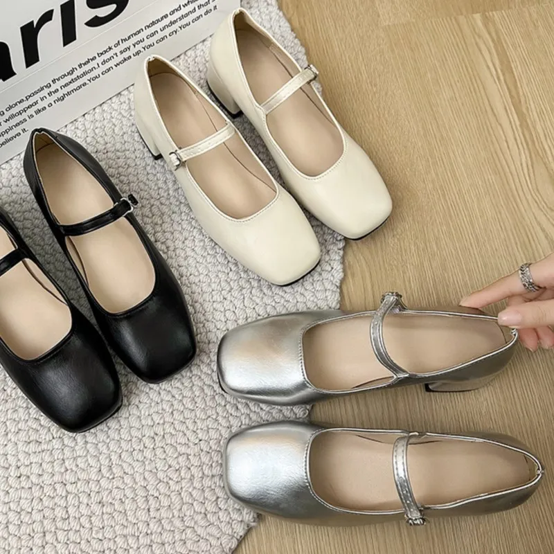Silver Mary Jane Heels: Square Toe Buckle Dress Shoes Shop Now