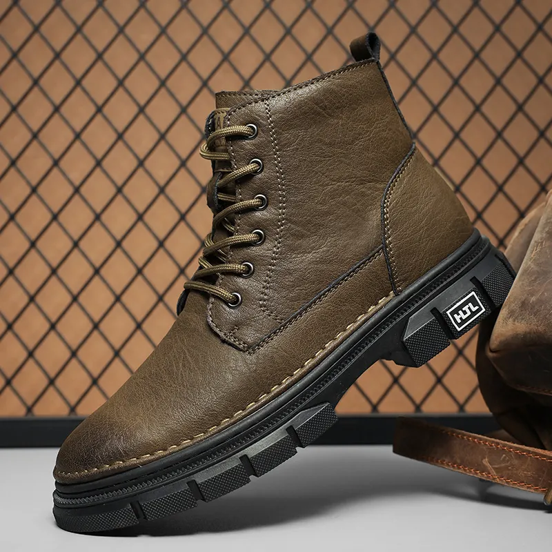 Mens Genuine Leather High Top Motorcycle Boots Warm Plush Fur