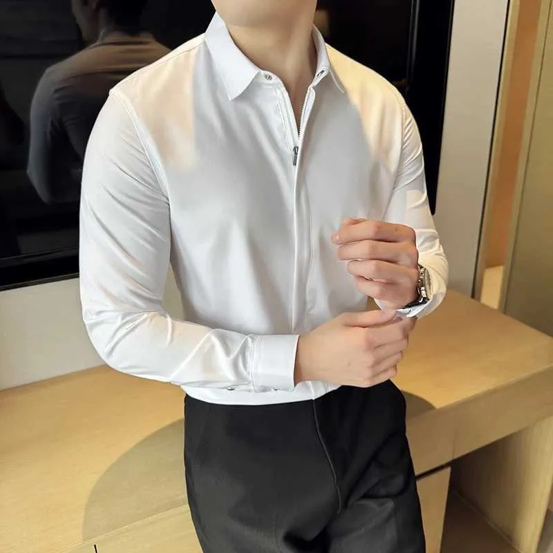 Mens Slim Fit Long Sleeve Zipper Shirts Solid Color Smart Casual
