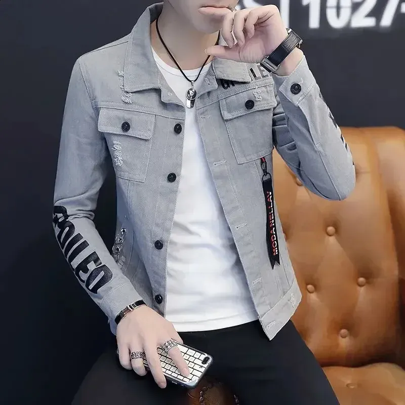 Denim Jackets Man Casual Slim Short Punk Red Jeans Coat for Men Rock in Lowest Price Low Cost Y2k Korean Clothes G 240913