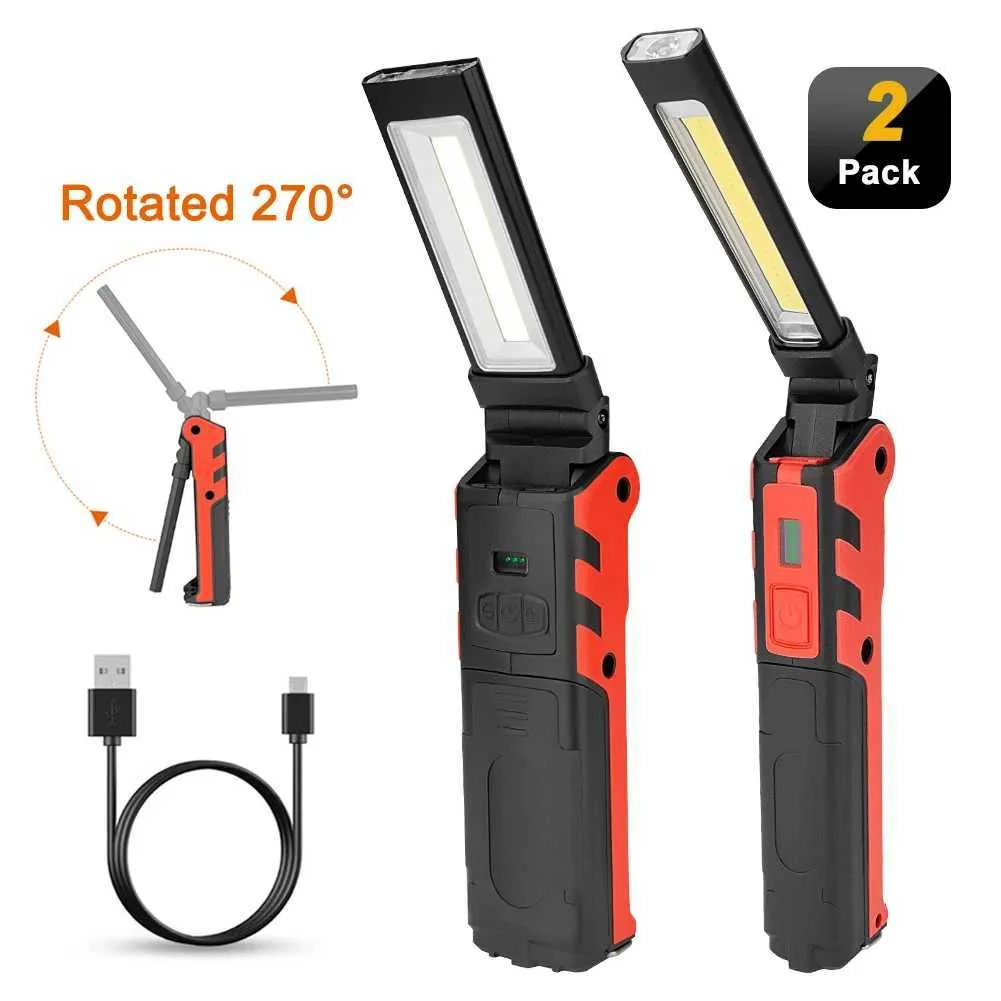 2-Pack Powertime Rechargeable COB LED Work Light – Magnetic, Swivel, Torch/Inspection Lamp