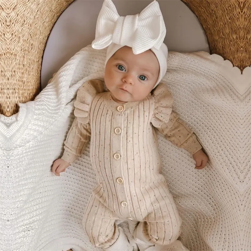 Baby Girl Knit Jumpsuit, Solid Color Long Sleeve Romper with Buttons,  Toddler Outfit, Soft Cotton