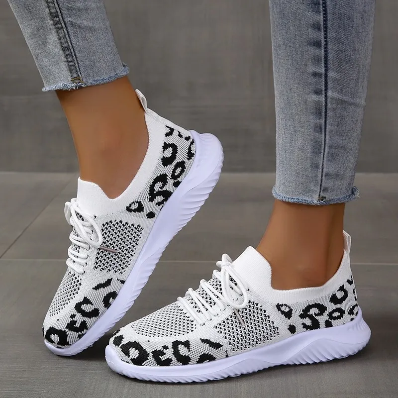 Leopard Print Womens Casual Tennis Shoes Breathable Lace Up