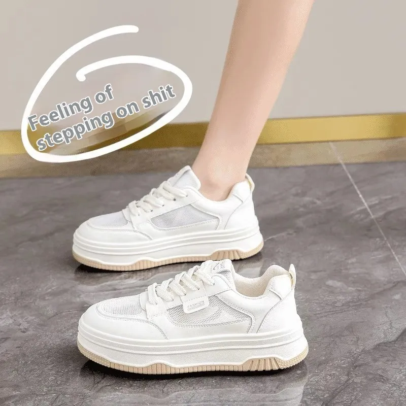 White Thick Soled Sponge Casual Shoes For Women Breathable Mesh
