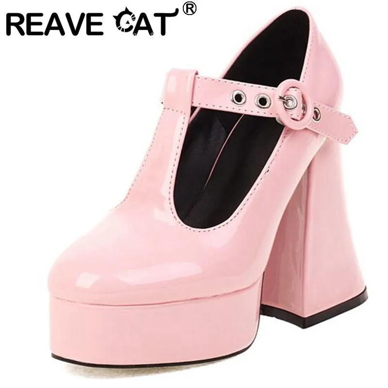REAVE CAT Women Shoes Pumps Platform Thick High Heels T Bar Buckle