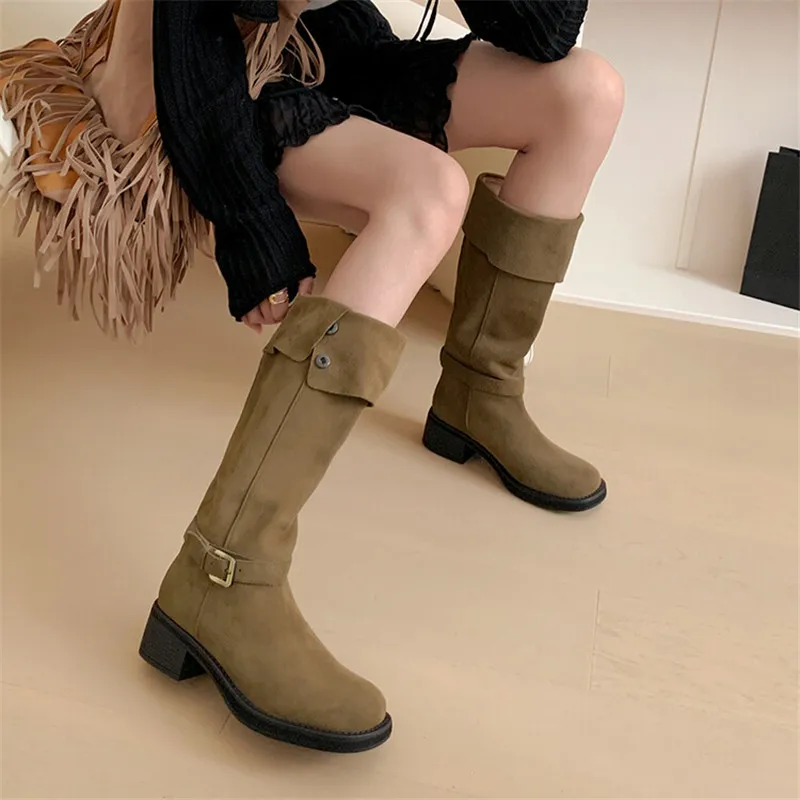 Women's Knee High Cowboy Boots - Round Toe, Low Heel, Slip-On Warm Wide Calf Boots