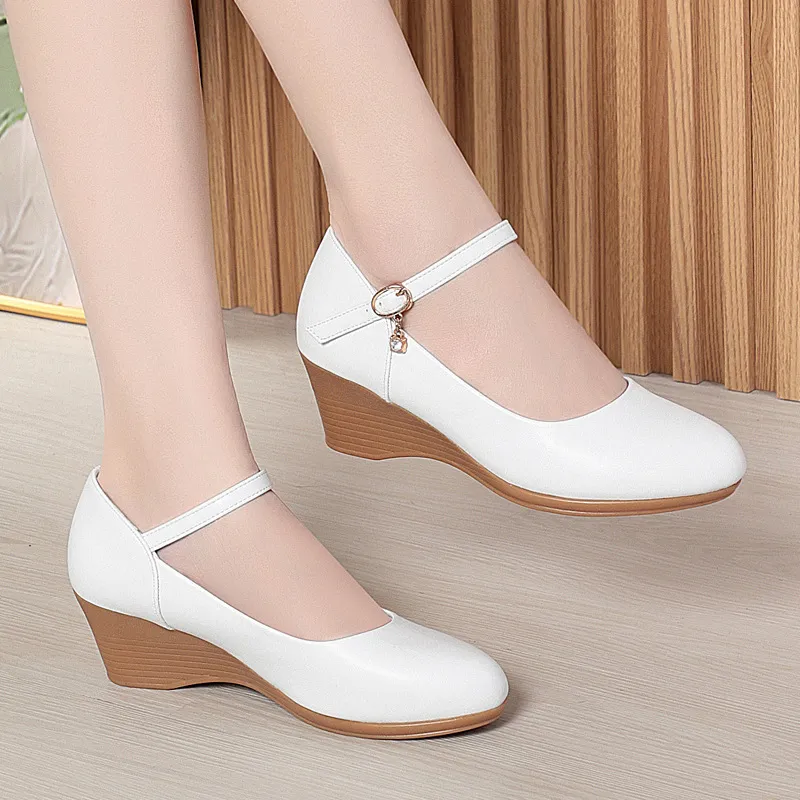 Comfortable White Wedge Heel Pumps: Breathable Leather Ankle Strap