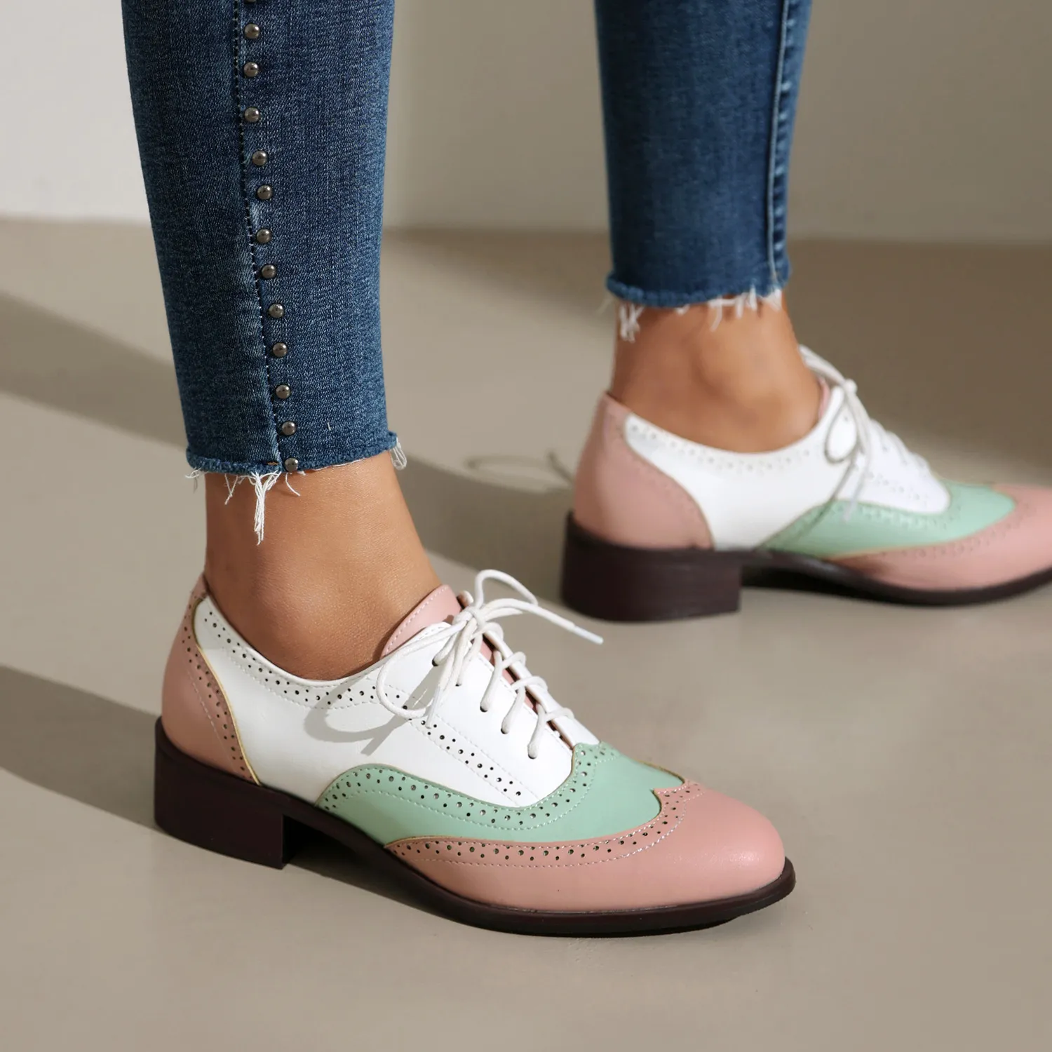 Women's Leather Casual Oxford Sneakers Round Toe Low Heels Mixed Colors  Big Size Summer Dress Shoes