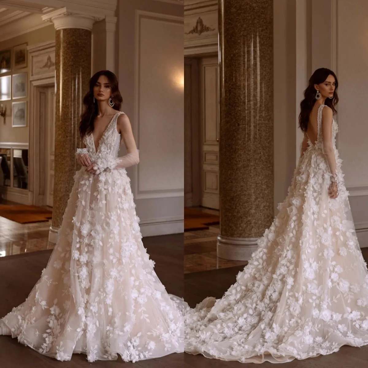 Elegant V-Neck Wedding Dress Sleeveless Backless Bridal Gown