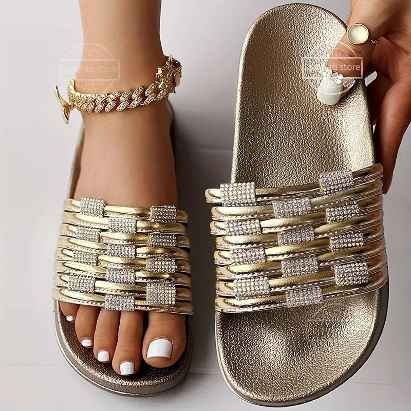 Save Big on Bulk Rhinestone Slippers Sandals Ladies Rhinestone Sandals  Sparkling Women's Rhinestone Flat Sandals, Elegant Crystal Embellished  Summer