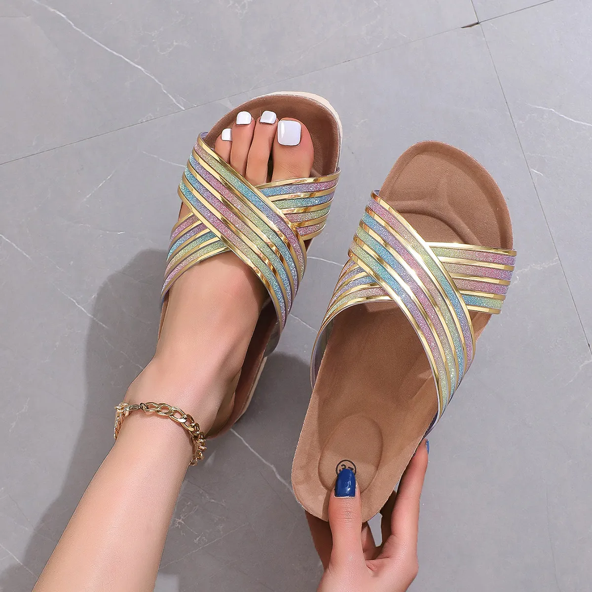 Rainbow Slides Rainbow Peep Toe Sequins Flat Sandals Luxury Pink