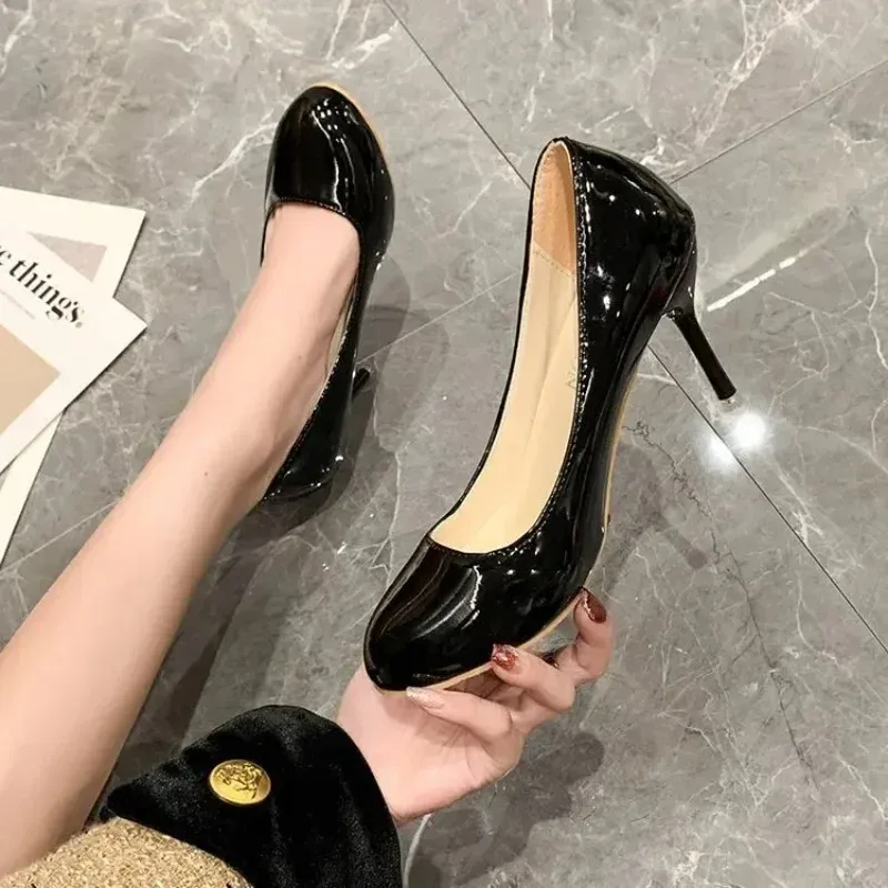 Talons Hauts Confortables À Bout Rond Pour Femmes, Cuir Verni