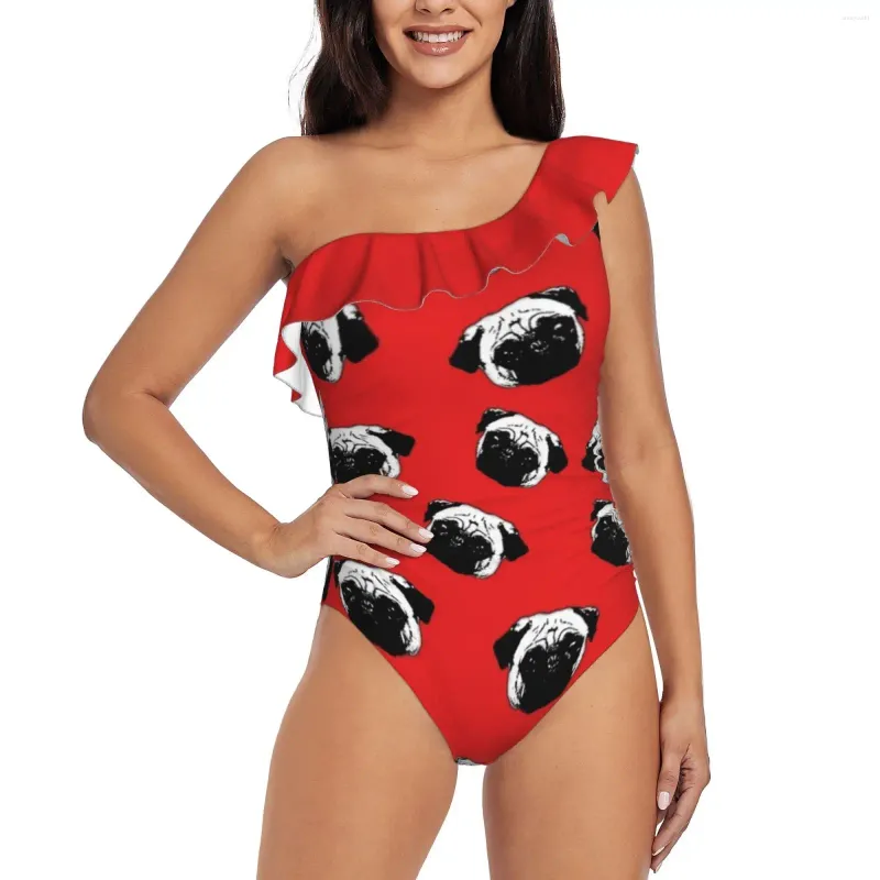 Womens One Shoulder Ruffle Cute One Piece Swimsuits With Pug Dog Pattern Sexy Beachwear For Summer Cute Black Bathing Suit From Amoyoutfit 37.81 DHgate.Com