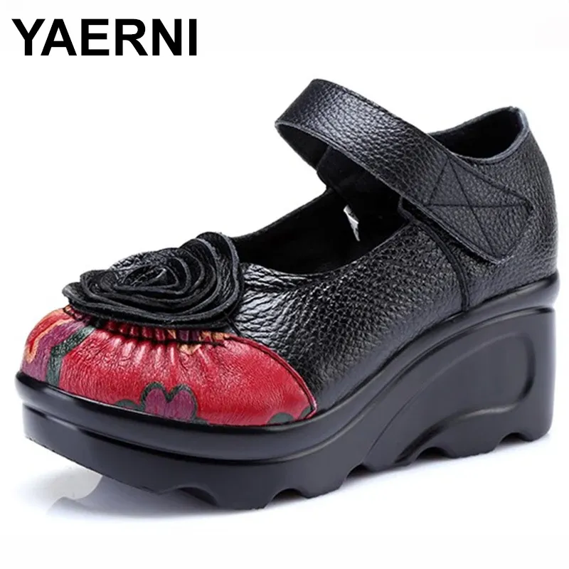 Save Big on Bulk Wedge Heels Floral Red Wedges Shoes: Floral Platform Heels  In Genuine Leather Women's Red Leather High Heel Shoes For Leisure Style 