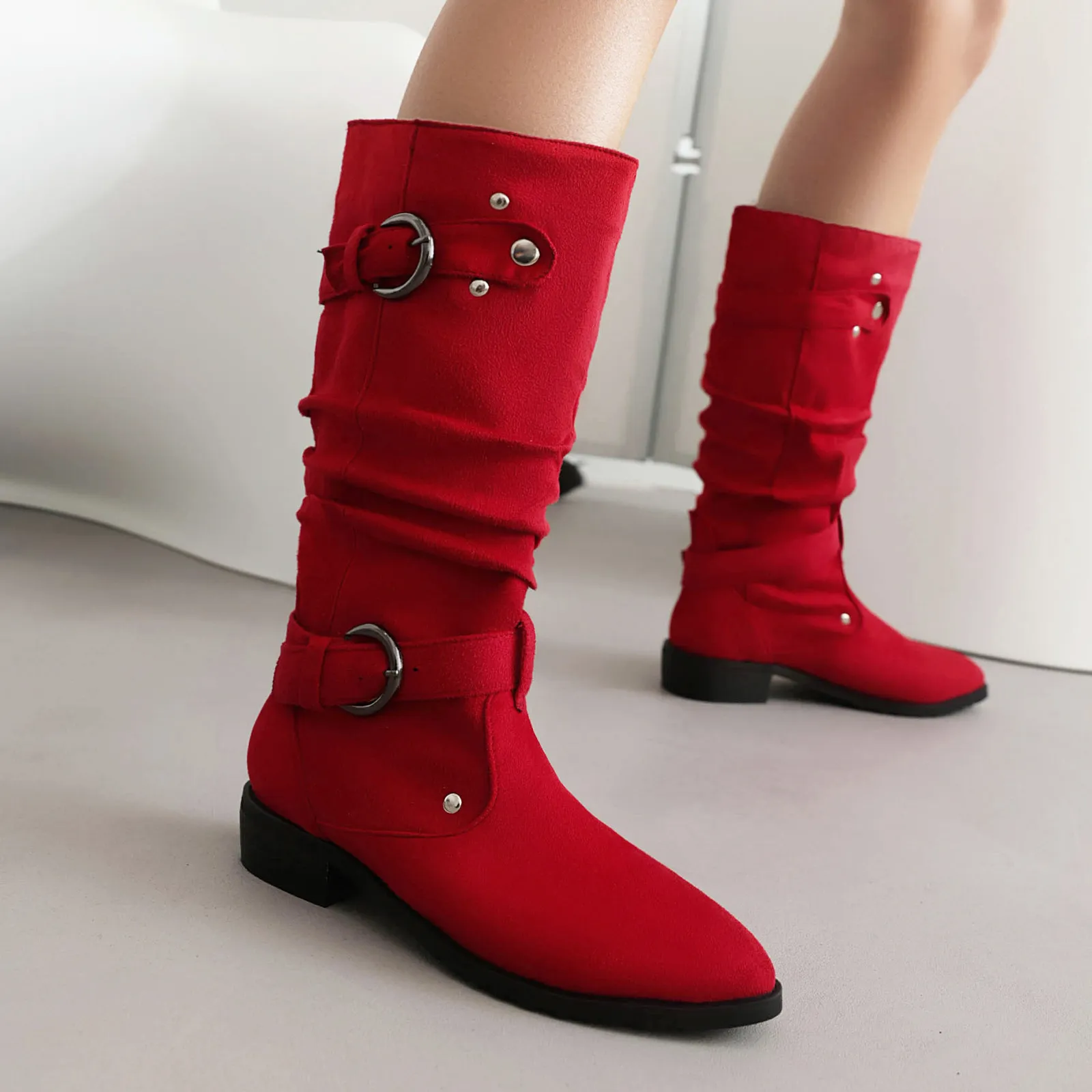 Womens Punk Rivet Mid-Calf Boots Round Toe, Lace-Up, Rubber Sole