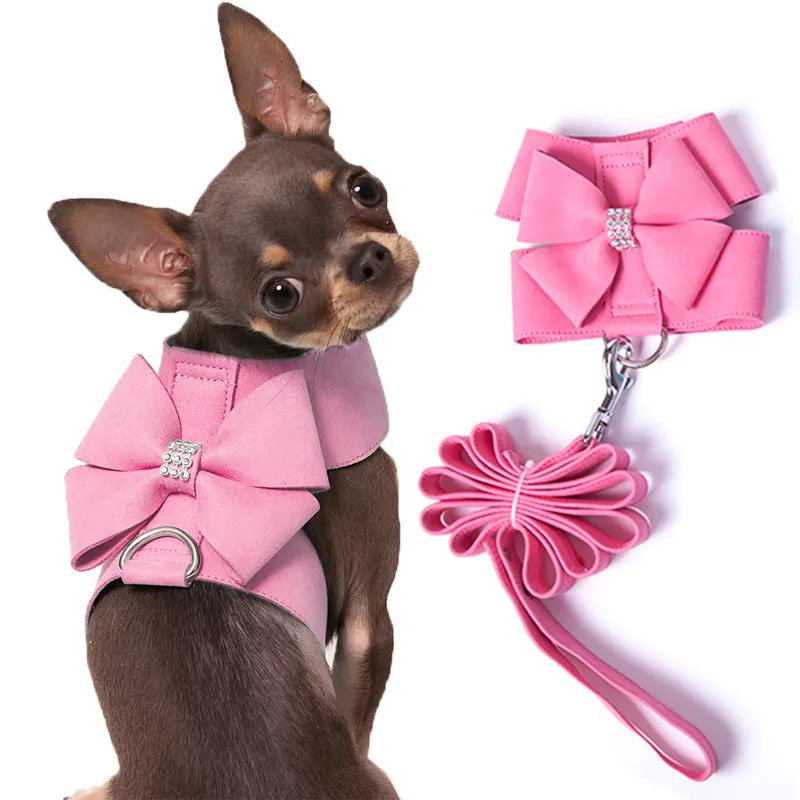 Rhinestone Princess Pink PU Leather Dog Harness and Leash Set for