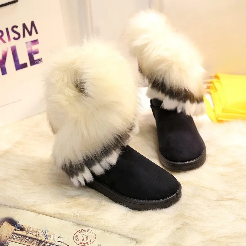 Faux Fur Ankle Boots For Women Warm Winter Slip On Round Toe Snow