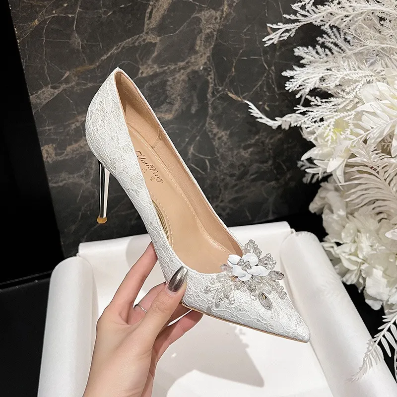 Wholesale White Wedding Heels: Pointed Toe Lace Bridal Shoes