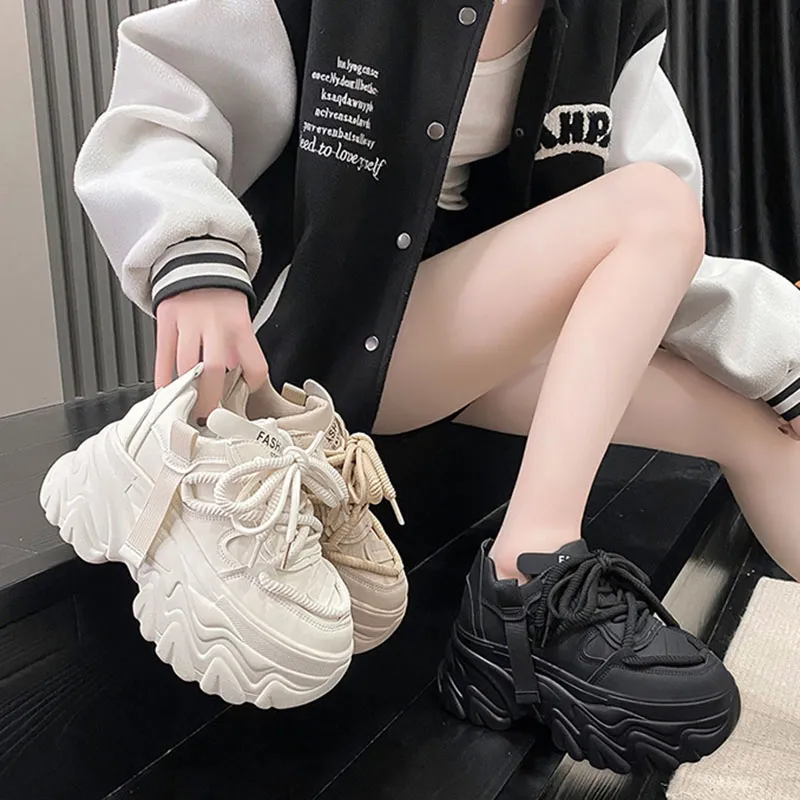Chunky White Platform Shoes for Women Lace-Up Mesh Breathable High