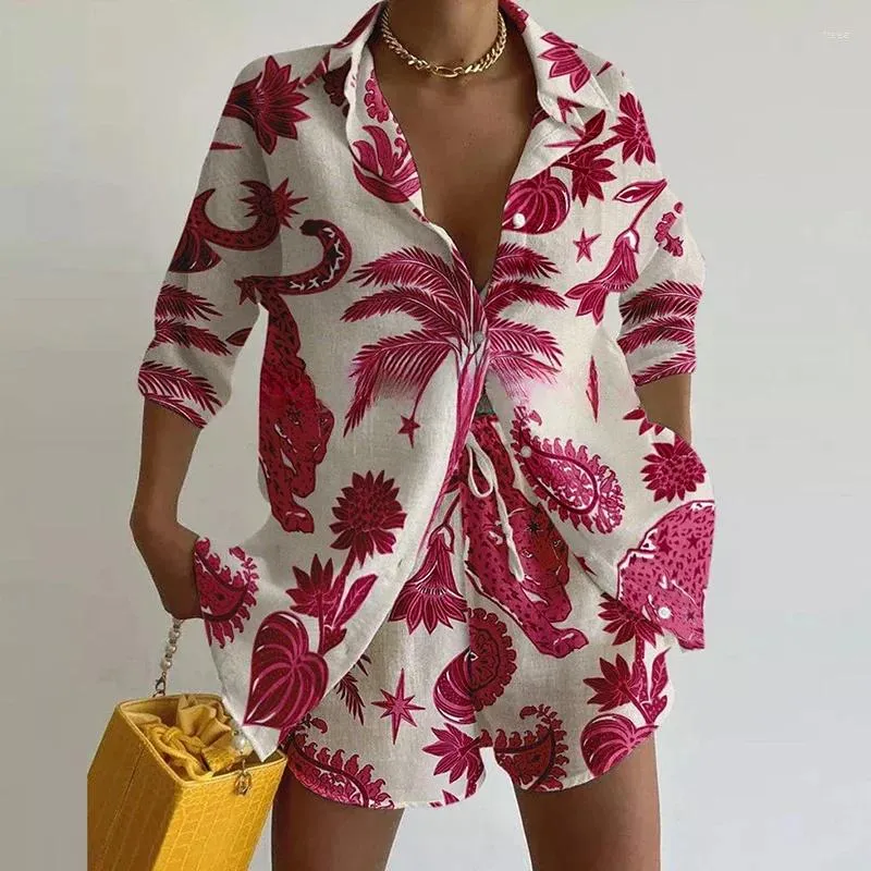 Save Big on Bulk Womens Summer Tracksuits Women's Summer Casual Tracksuit  Set Lapel Button Shirt Lace Up Shorts, Vacation Print, 3/4 Sleeve Best 