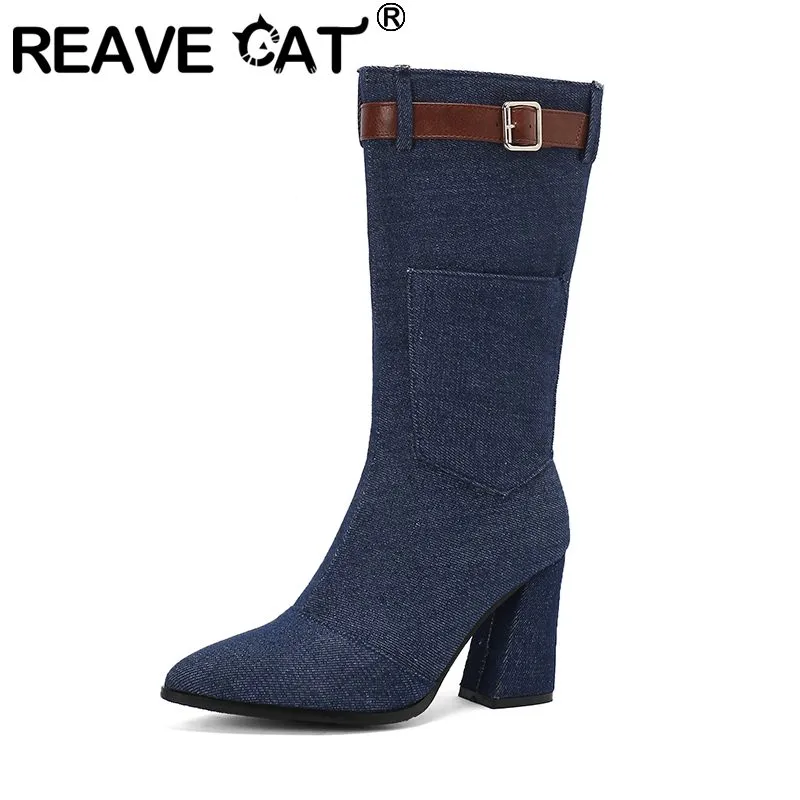 Ladies Denim Boots Mid Calf Fashion Boots: Pointed Toe Chunky Heel